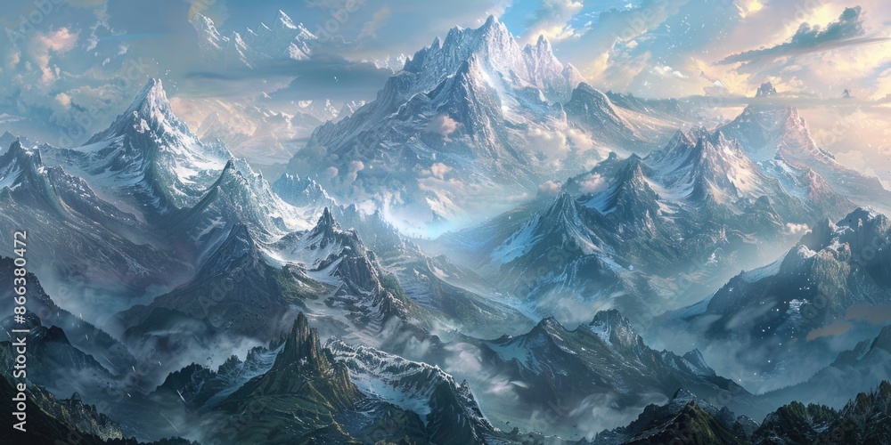 Mountain landscape with snow-capped peaks. Panorama Mountain landscape with snow-capped peaks. Panorama