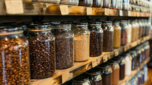 Extensive Assortment of Coffee, Grains, and Spices in Glass Jars on Shelves