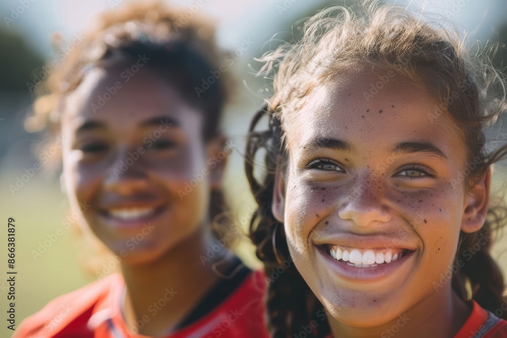 On a bright day, attractive football players grinning at the camera On a bright day, attractive football players grinning at the camera