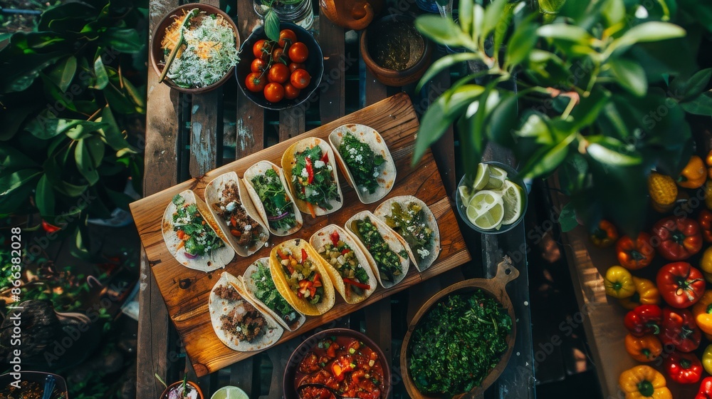 Naklejka premium Homemade Tacos with Fresh Ingredients on Wooden Table