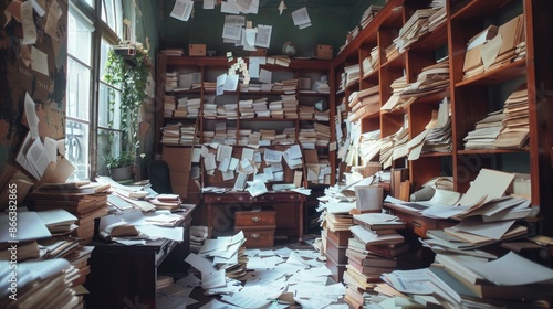 Office filled with a large amount of paper.