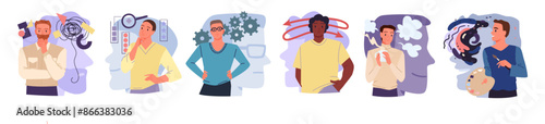 MBTI typology of people with different types of personality, creative thinking and behavior, psychology. Female and male characters with focus on emotion or logic thoughts cartoon vector illustration
