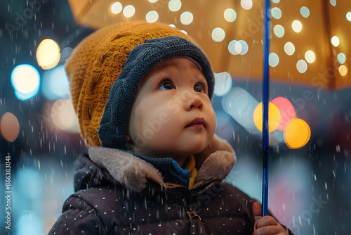 Fototapeta Naklejka Na Ścianę i Meble -  Cute small baby walk in rainy weather city streets generative AI