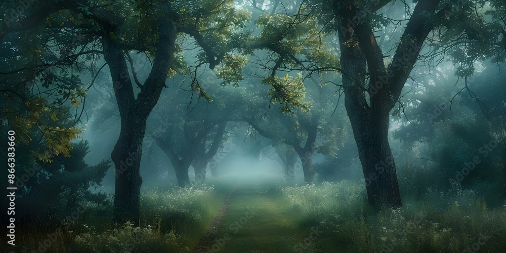 Obraz premium Whispers of Ancient Secrets Enchanting Forest in Morning Fog. Concept Enchanted Forest, Morning Fog, Ancient Secrets, Whispers