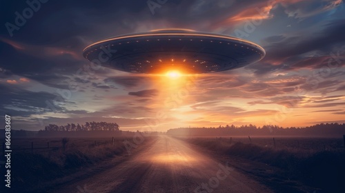 Alien Spacecraft Looming Over Countryside Road © BG_Illustrations