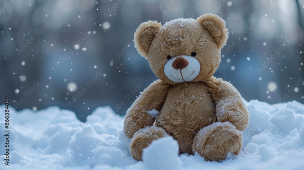 One Teddy bear sitting alone on snow during winter time One Teddy bear sitting alone on snow during winter time