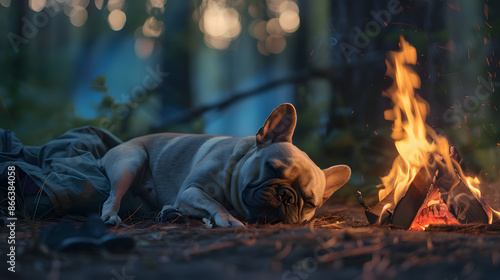 A French Bulldog peacefully sleeping by a campfire in a forest setting during dusk, captured in a serene outdoor environment.