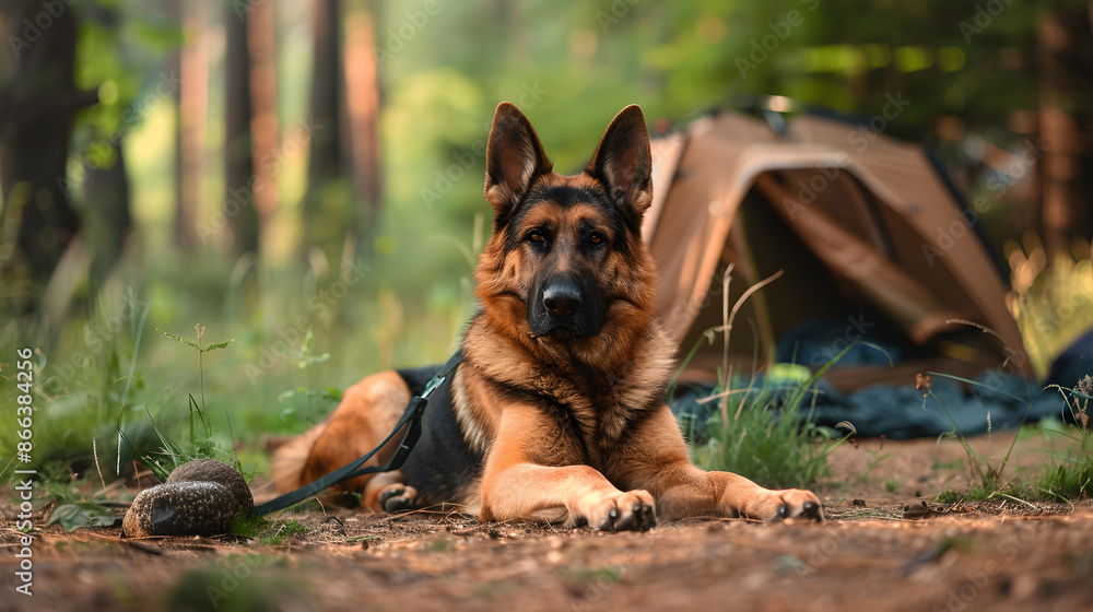 German Shepherd dog lying on the ground near a tent in a forest, showcasing a peaceful camping scene with nature background. German Shepherd dog lying on the ground near a tent in a forest, showcasing a peaceful camping scene with nature background.