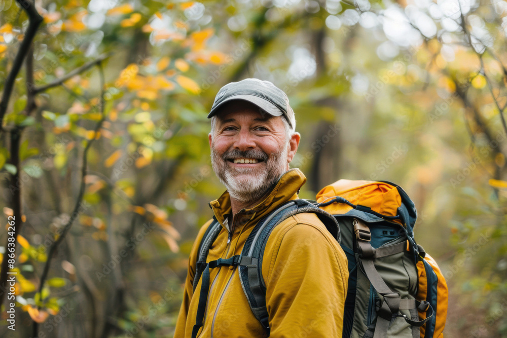 Smiling man hiking through autumn forest Smiling man hiking through autumn forest