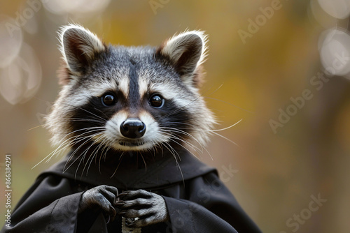 AI generated photo image of raccoon wearing clothes like clergyman photo