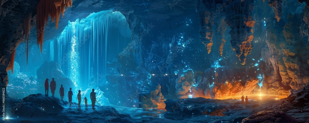 A group of friends embarking on a spelunking adventure through a labyrinthine cave system, exploring underground wonders. A group of friends embarking on a spelunking adventure through a labyrinthine cave system, exploring underground wonders.