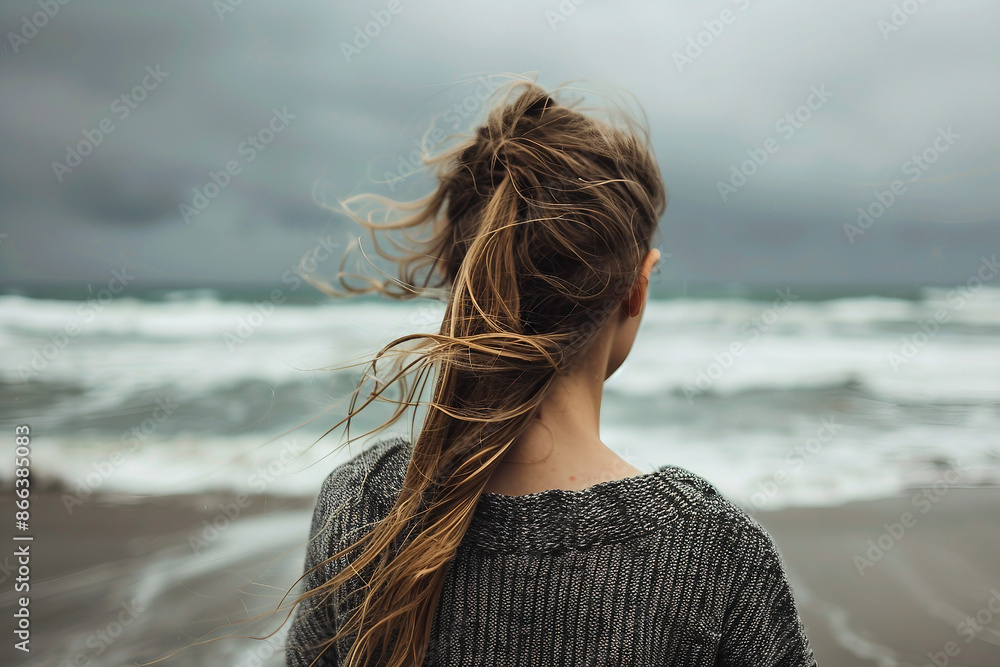 AI generated portrait of a lonely woman enjoying dark weather cloudy stormy day AI generated portrait of a lonely woman enjoying dark weather cloudy stormy day