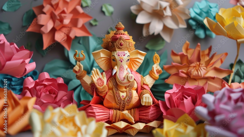 Naklejka premium Origami of Indian God Ganesh in colorful flowers craft