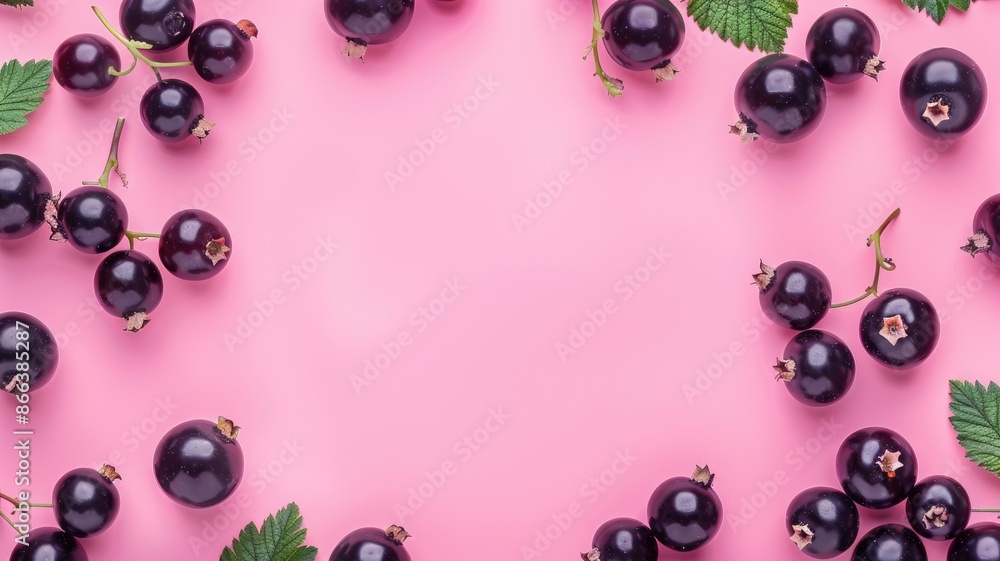 Blackberries with green leaves on pink background Blackberries with green leaves on pink background