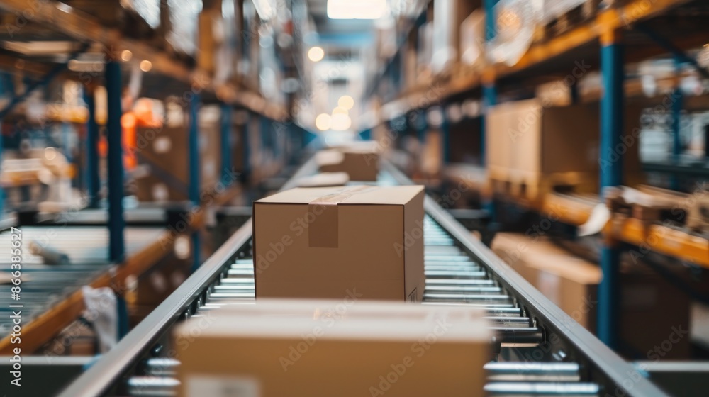 Packages on the production line in a warehouse. Packages on the production line in a warehouse.