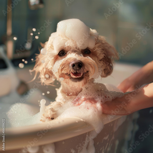 Cute and happy small Shih Tzu or Shih-Poo dog enjoying a bath with bubbles and gentle grooming
