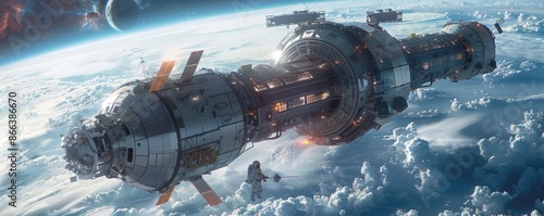 A sleek and futuristic space station orbiting the Earth, astronauts conducting scientific experiments and exploring the vastness of space.