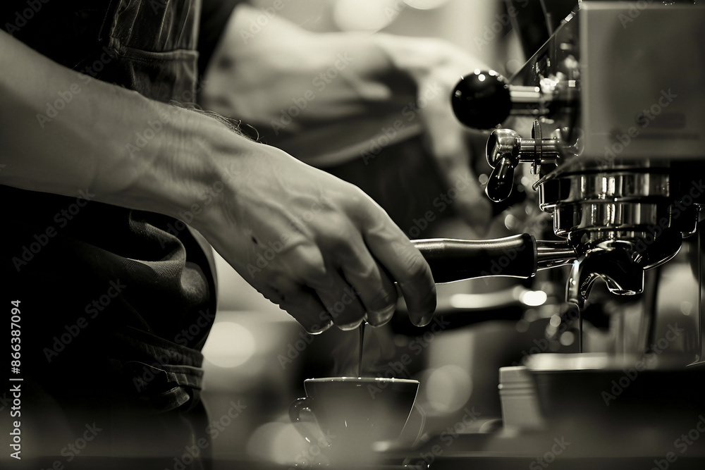 Naklejka premium Modern classic interior coffee shop with friendly barista tasty takeout drink, Generative AI