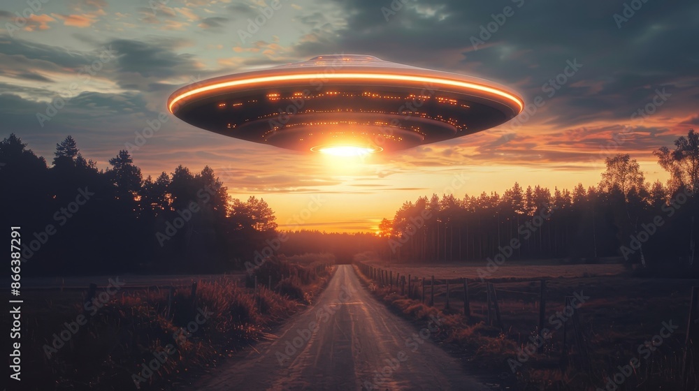 Alien Spacecraft Looming Over Countryside Road Alien Spacecraft Looming Over Countryside Road