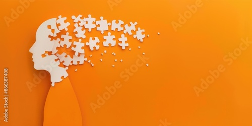 Paper human head with puzzle pieces on orange background with space for text. Logic concept.
