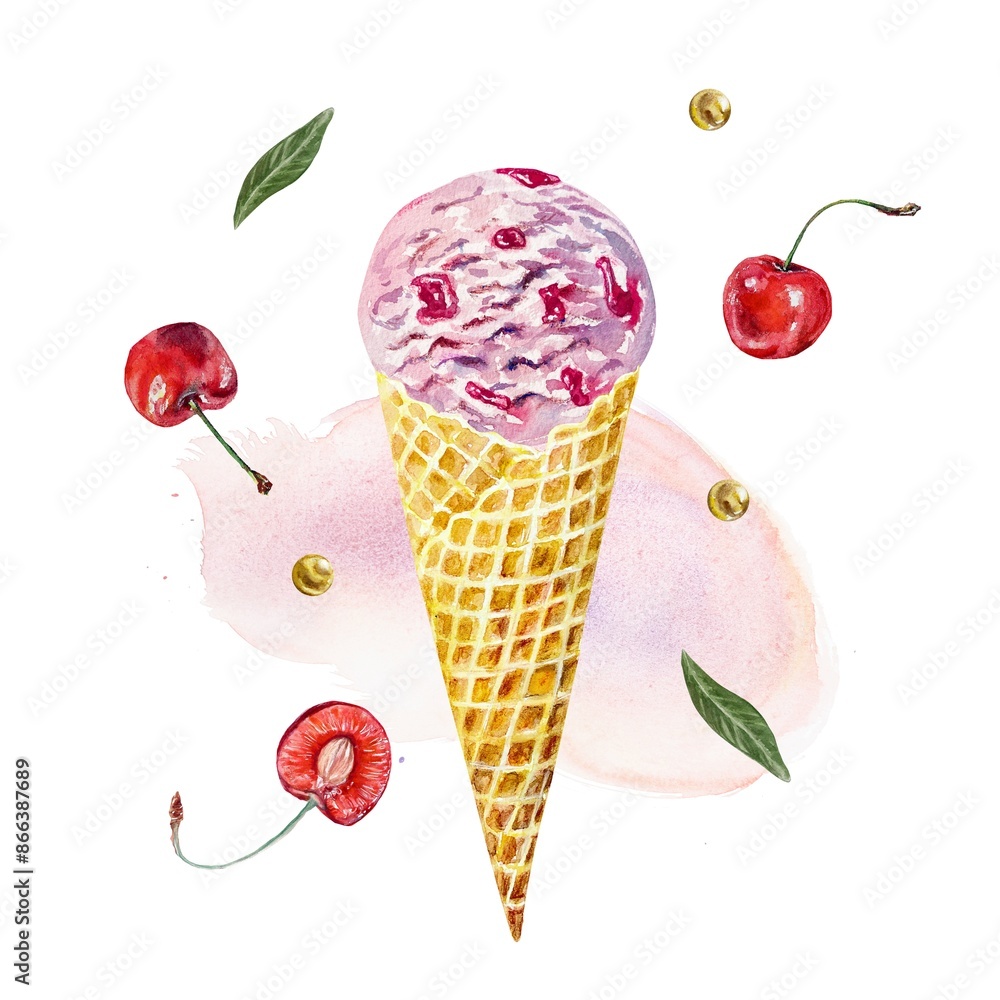 Cherry ice cream. Dessert, berries, leaves. Watercolor illustration isolated on white. Cards, invitations, food and cosmetic labels, posters, banners. Cherry ice cream. Dessert, berries, leaves. Watercolor illustration isolated on white. Cards, invitations, food and cosmetic labels, posters, banners.