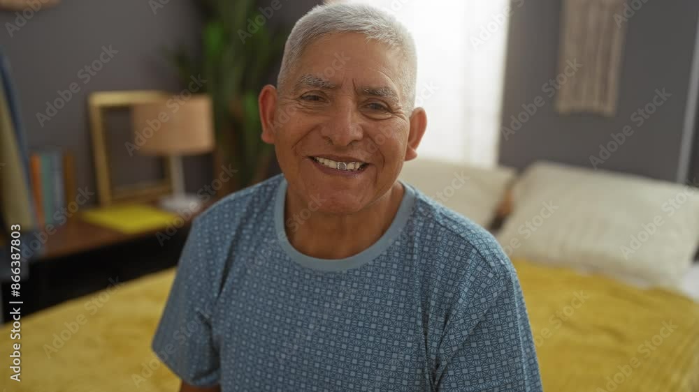 A handsome, grey-haired, mature hispanic man smiling warmly in his bedroom, sitting on a bed in a comfortable home interior. A handsome, grey-haired, mature hispanic man smiling warmly in his bedroom, sitting on a bed in a comfortable home interior.