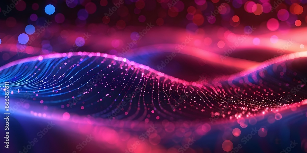 Neon Wave Lines and Bokeh Lights on Futuristic Abstract Background. Concept Neon Lights, Abstract Background, Futuristic Design, Wave Lines, Bokeh Lights Neon Wave Lines and Bokeh Lights on Futuristic Abstract Background. Concept Neon Lights, Abstract Background, Futuristic Design, Wave Lines, Bokeh Lights