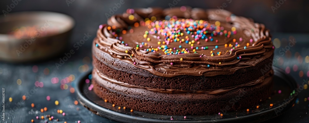 A decadent chocolate cake topped with a rich chocolate frosting and sprinkles. A decadent chocolate cake topped with a rich chocolate frosting and sprinkles.