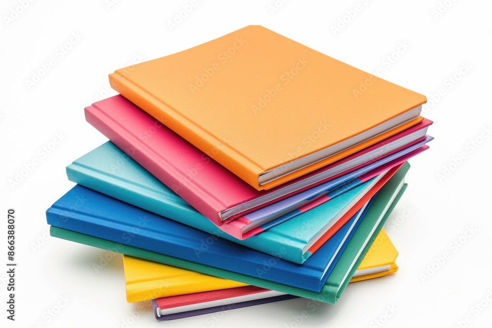 A pile of colorful textbooks lying on the table on white background A pile of colorful textbooks lying on the table on white background