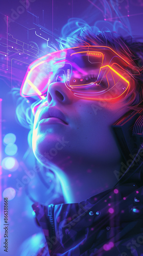 Futuristic portrait of person wearing neon-lit virtual reality headset. Cyberpunk aesthetic with glowing circuits and holographic elements. Vibrant purple and blue hues dominate.