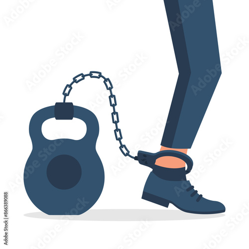 Businessman is chained with leg to large weight. Big load as a symbol of debt, a limitation in development. Corporate slavery concept. Vector illustration flat design. Isolated on white background.