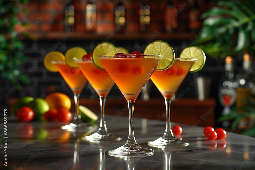 Five cocktails are elegantly presented on a bar counter. The drinks are an enticing orange hue, garnished with fresh lime slices and maraschino cherries. The glasses are classic martini style. Five cocktails are elegantly presented on a bar counter. The drinks are an enticing orange hue, garnished with fresh lime slices and maraschino cherries. The glasses are classic martini style.