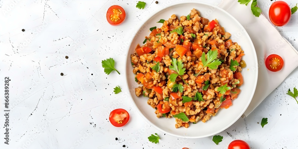 Overhead Shot of Cuban Picadillo on White Background Perfect for Food Blog. Concept Food Photography, Cuban Cuisine, Overhead Shots, White Background, Food Blogging Overhead Shot of Cuban Picadillo on White Background Perfect for Food Blog. Concept Food Photography, Cuban Cuisine, Overhead Shots, White Background, Food Blogging
