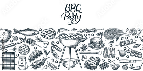 BBQ party picnic meal menu seamless horizontal background. Vector hand drawn sketch illustration of grilled food and snacks. Banner, poster, label package design elements