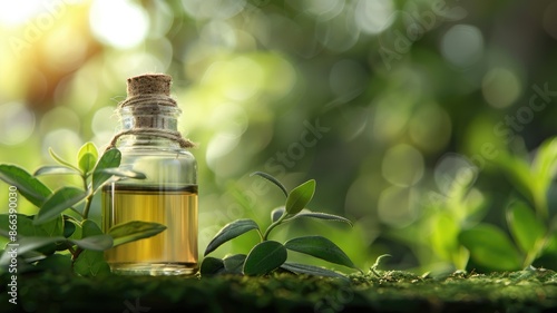 Small glass bottle of essential oil among green leaves, with bokeh background photo