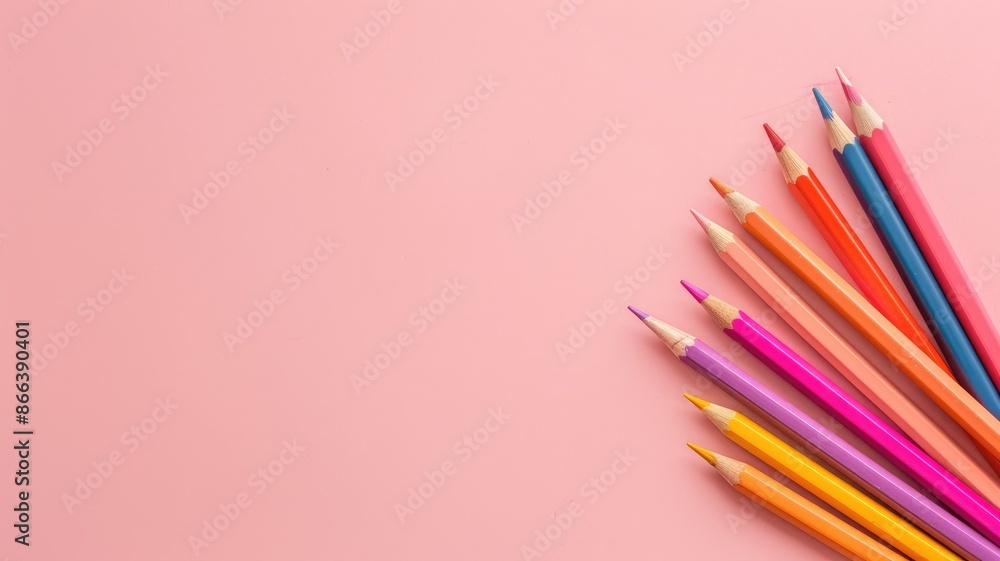 Colorful pencils arranged on pink background creating vibrant aesthetic Colorful pencils arranged on pink background creating vibrant aesthetic