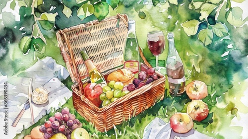  Picnic basket with food and drinks on the grass. Watercolor illustration © Various Backgrounds