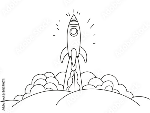 One-Line Drawing: Rocket's Ambitious Ascent - Depiction of Progress and Determination