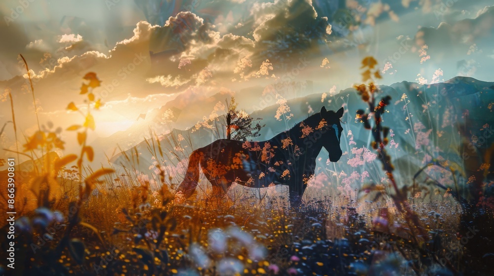 Fototapeta premium mountain meadow with wildflowers close up, focus on, copy space, rich earthy hues, Double exposure silhouette with Dragon resting