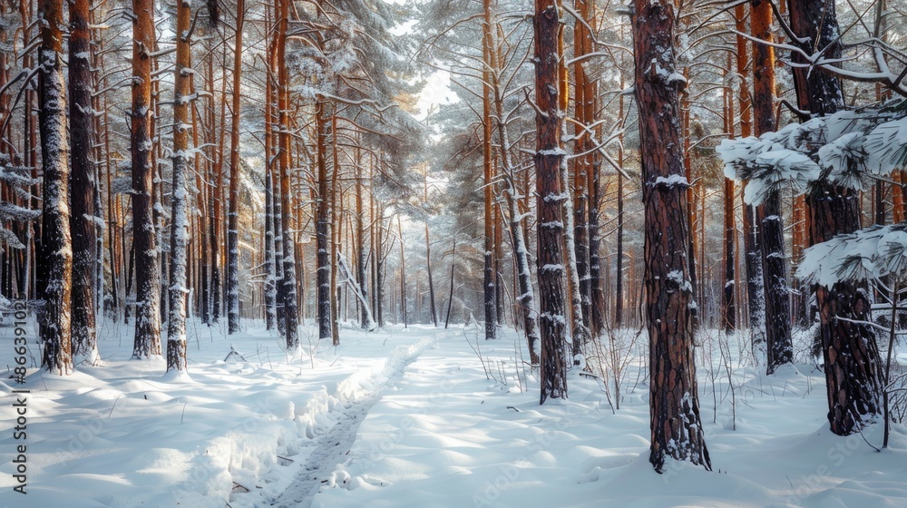 Fototapeta premium Pine trees in the forest covered with snow.