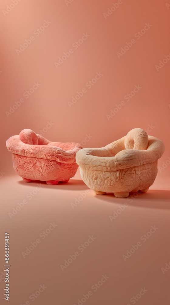 Fluffy novelty plushie soft toy bathtubs on a peach background with copy space. Fluffy novelty plushie soft toy bathtubs on a peach background with copy space.