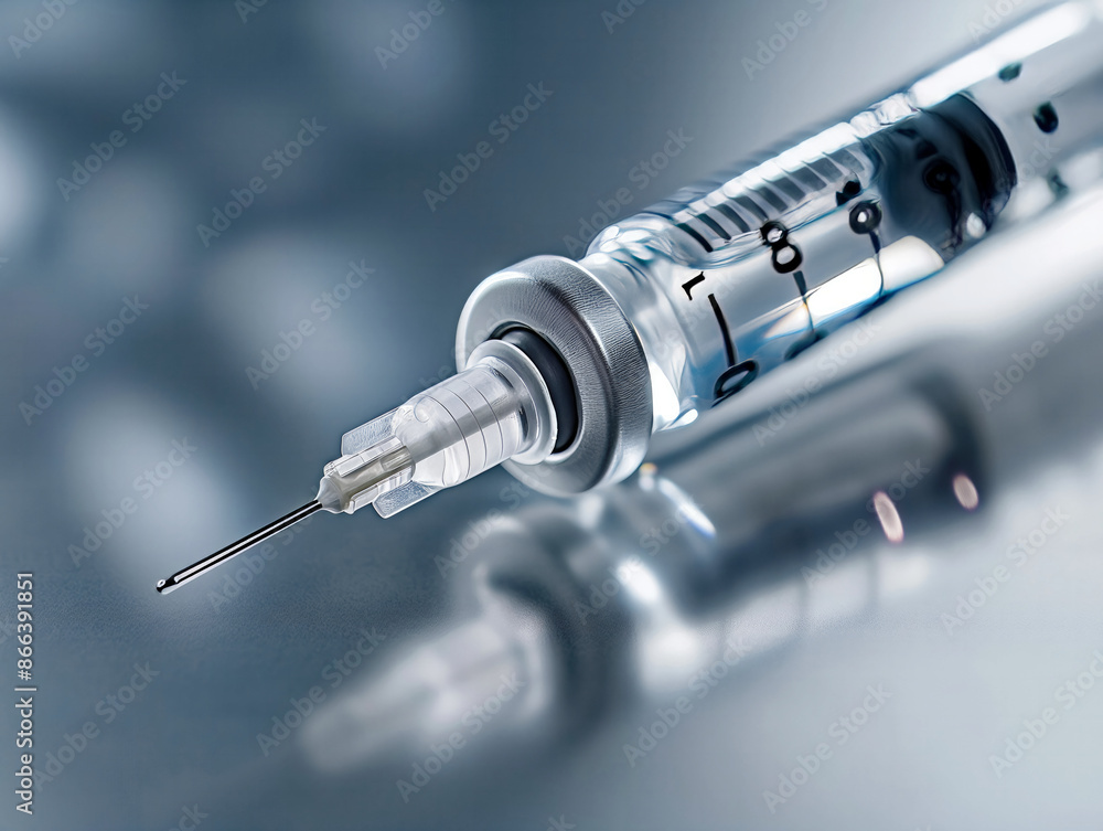 A close up macro shot of a medical syringe with a sharp needle and clear barrel, filled with liquid, lying on a reflective surface