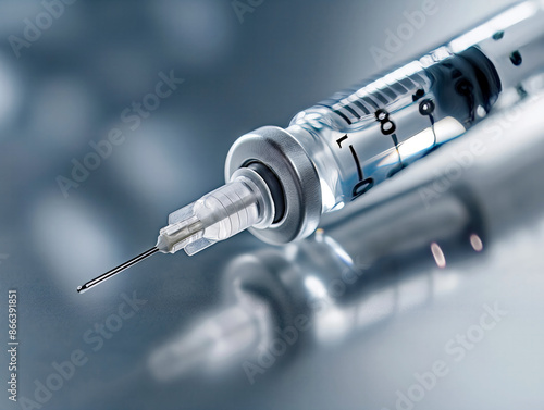 Obraz na płótnie A close up macro shot of a medical syringe with a sharp needle and clear barrel, filled with liquid, lying on a reflective surface w salonie