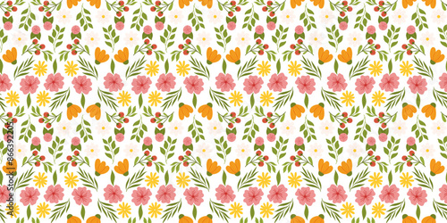 Continuous design pattern with floral elements. Botanical-inspired recurring fabric or wallpaper design with yellow and orange flowers, red berries, leaves, and cherry blossom.