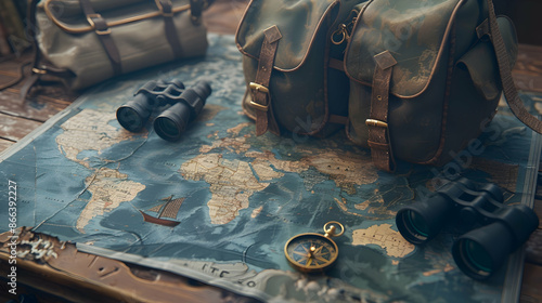 Adventurous Explorer's Journey: World map-desk with a compass, binoculars, and a backpack. photo