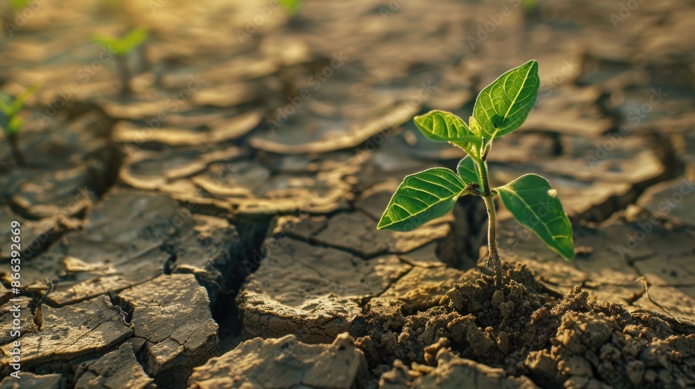 Plant growing in dried cracked mud, the concept of nature taking over, and climate change Plant growing in dried cracked mud, the concept of nature taking over, and climate change
