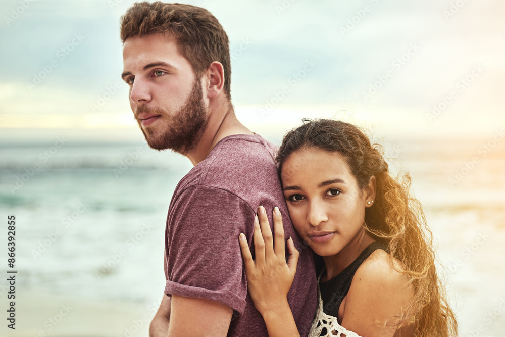 Portrait, hug and beach with couple, vacation and bonding together with romance, relationship and break. Face, people and seaside with man, woman and embrace with holiday, getaway trip and marriage Portrait, hug and beach with couple, vacation and bonding together with romance, relationship and break. Face, people and seaside with man, woman and embrace with holiday, getaway trip and marriage
