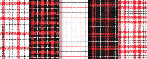 Plaid seamless pattern. Gingham red black background. Set checkered tartan textures. Flannel tablecloth. Buffalo table cloth prints. Kitchen napkin textile. Vichy geometric cloth. Vector illustration 