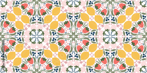 Whimsical seamless pattern featuring illustrations of raspberries, lemons, white strawberries, blackberries, pink flowers, and green leaves, arranged in a diamond-shaped design. Modern, organic vector