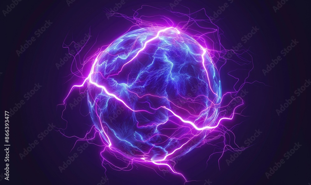 Naklejka premium Vibrant electric ball with purple and blue energy streaks, glowing against a dark background, creating a dynamic and futuristic visual effect.